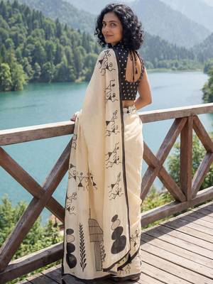 Cream batik  cotton designer ikat saree 4