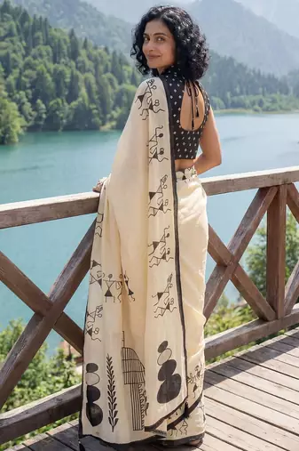 Cream batik  cotton designer ikat saree