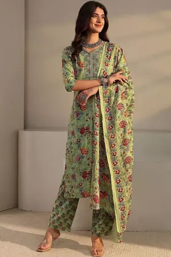 libas green floral printed straight suit set with dupatta