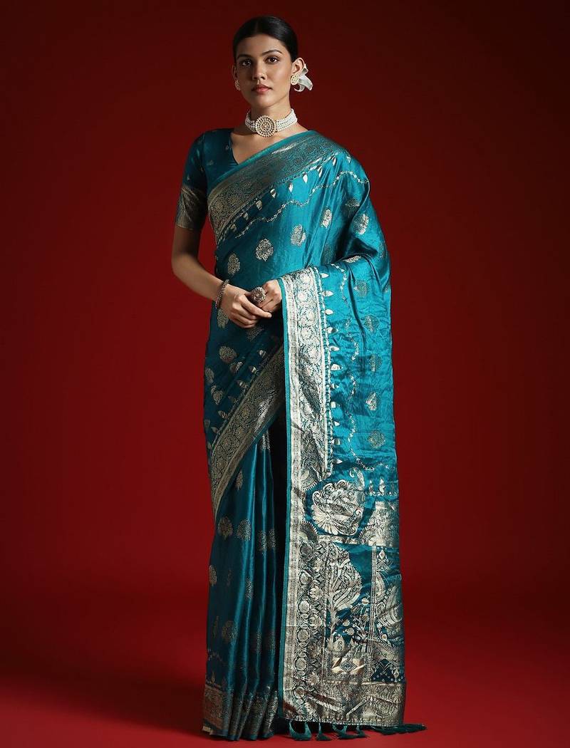 Blue ethnic motifs zari satin banarasi saree
