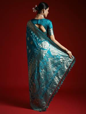 Blue ethnic motifs zari satin banarasi saree 2