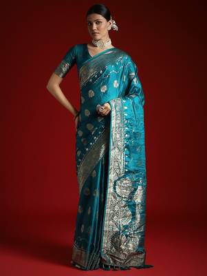 Blue ethnic motifs zari satin banarasi saree 3