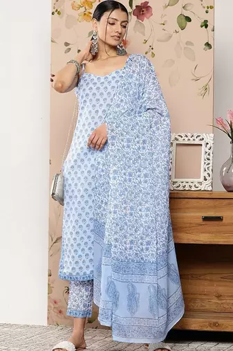 women floral printed regular kurta with trousers & with dupatta