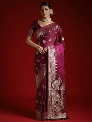 Purple ethnic woven design zari satin saree with matching blouse 1