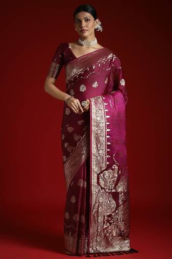 Purple ethnic woven design zari satin saree with matching blouse