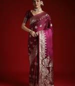 Purple ethnic woven design zari satin saree with matching blouse