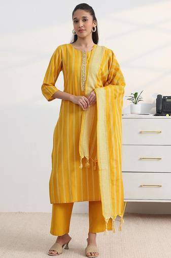 libas yellow woven striped straight suit set with dupatta
