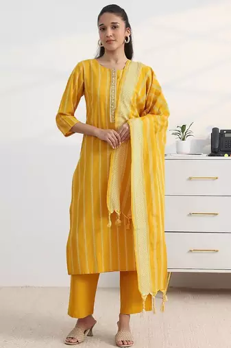 libas yellow woven striped straight suit set with dupatta