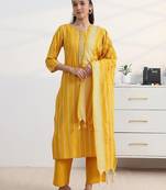 libas yellow woven striped straight suit set with dupatta