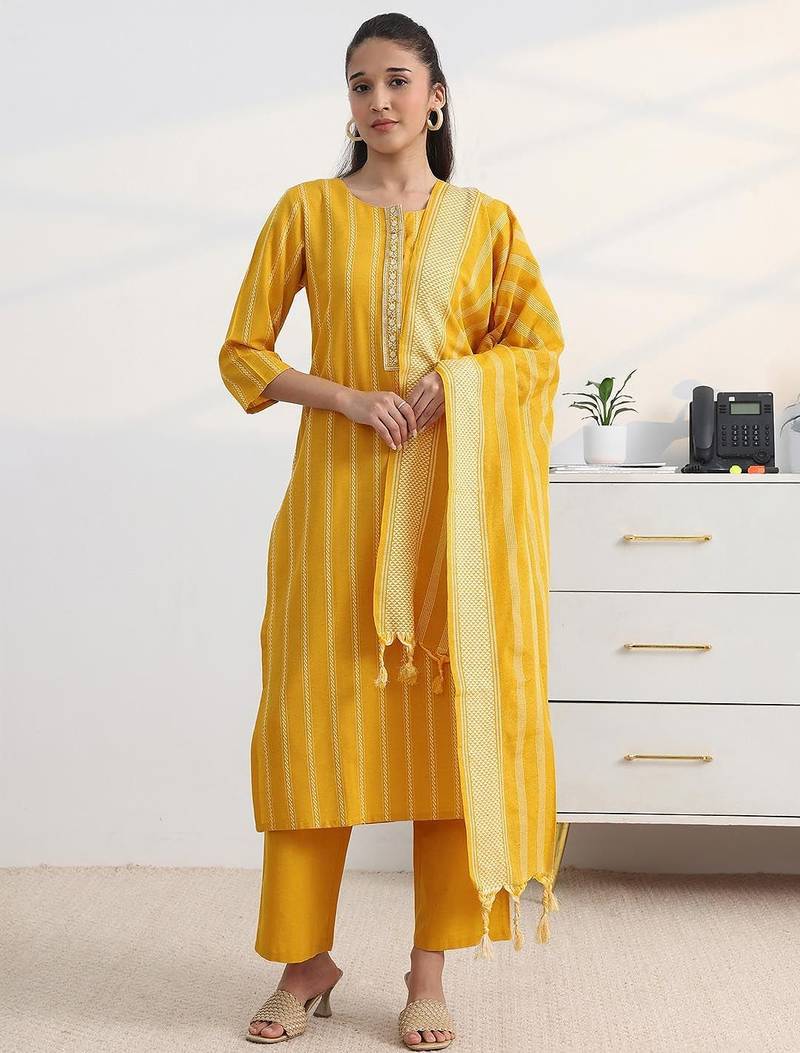 libas yellow woven striped straight suit set with dupatta
