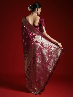 Purple ethnic woven design zari satin saree with matching blouse 2