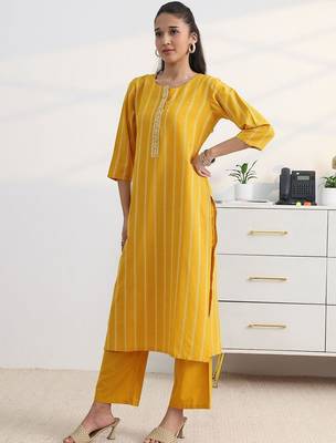 libas yellow woven striped straight suit set with dupatta 2