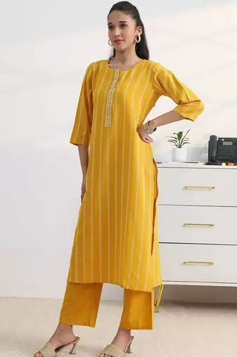 libas yellow woven striped straight suit set with dupatta