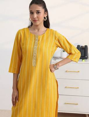 libas yellow woven striped straight suit set with dupatta 3
