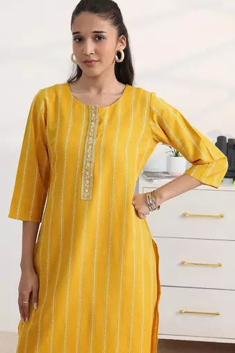 libas yellow woven striped straight suit set with dupatta
