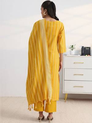 libas yellow woven striped straight suit set with dupatta 5