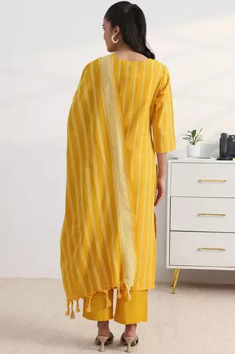libas yellow woven striped straight suit set with dupatta