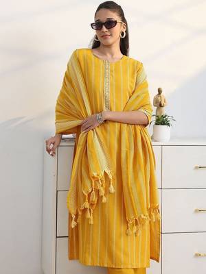 libas yellow woven striped straight suit set with dupatta 6
