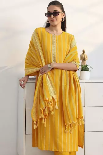 libas yellow woven striped straight suit set with dupatta
