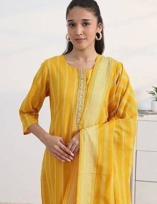 libas yellow woven striped straight suit set with dupatta 7