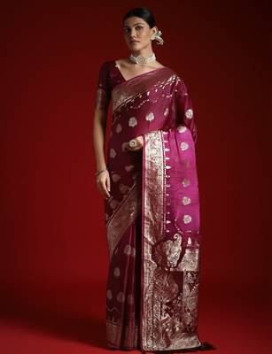 Purple ethnic woven design zari satin saree with matching blouse 3