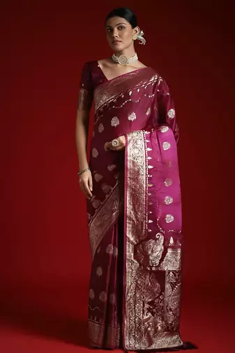 Purple ethnic woven design zari satin saree with matching blouse