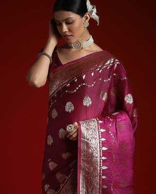 Purple ethnic woven design zari satin saree with matching blouse 4