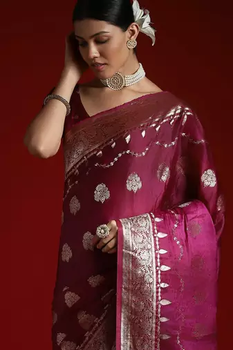 Purple ethnic woven design zari satin saree with matching blouse