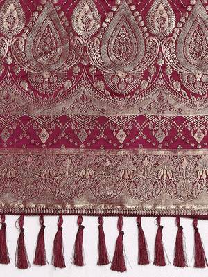 Purple ethnic woven design zari satin saree with matching blouse 5