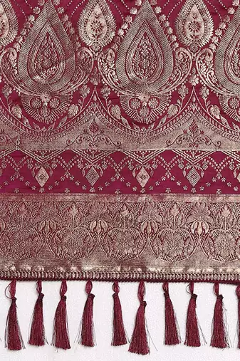 Purple ethnic woven design zari satin saree with matching blouse