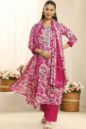 libas pink ethnic motif printed straight suit set with dupatta
