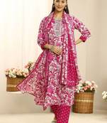 libas pink ethnic motif printed straight suit set with dupatta