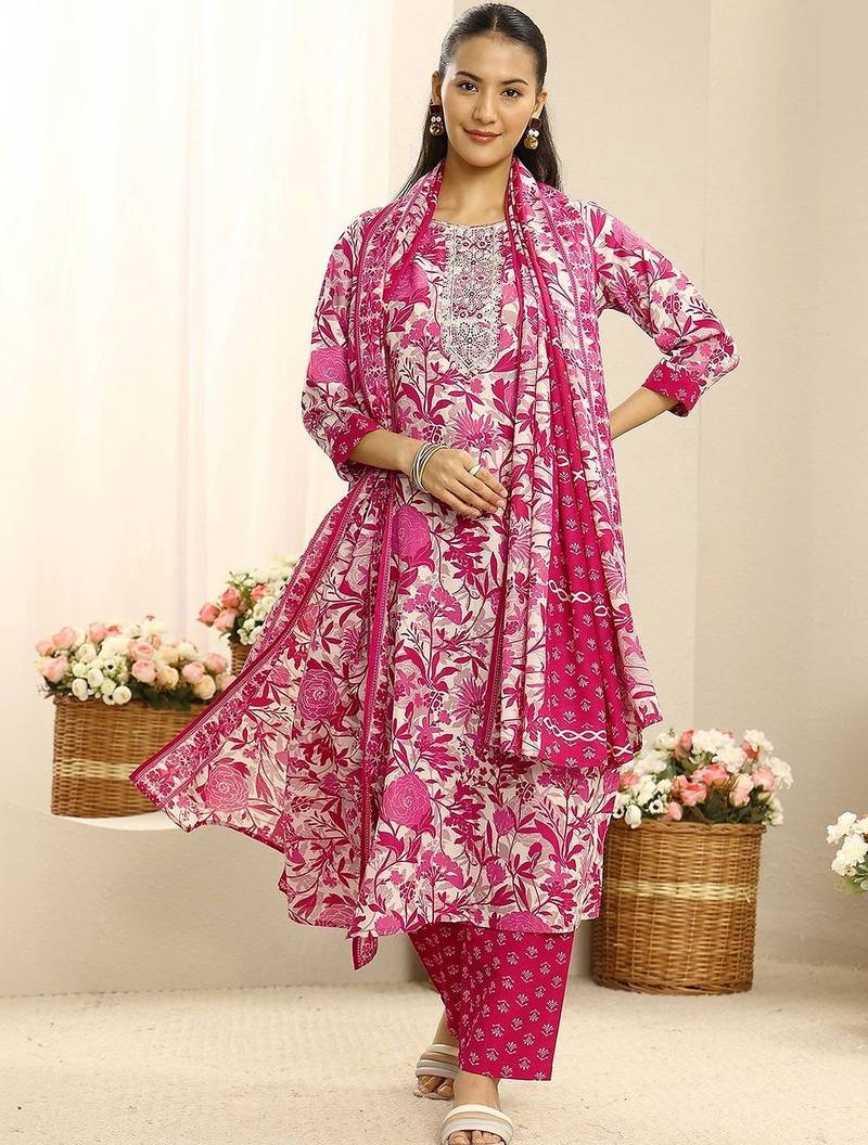libas pink ethnic motif printed straight suit set with dupatta