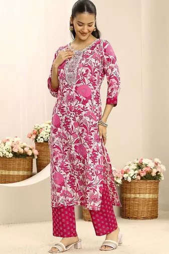 libas pink ethnic motif printed straight suit set with dupatta