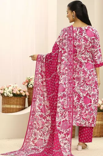 libas pink ethnic motif printed straight suit set with dupatta