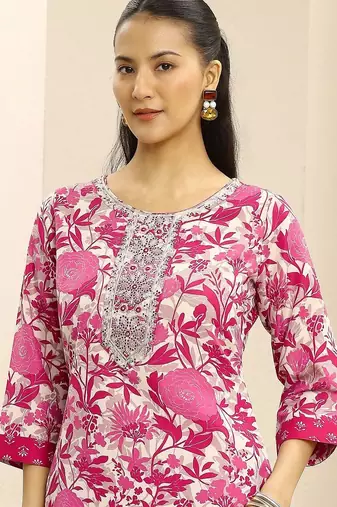 libas pink ethnic motif printed straight suit set with dupatta