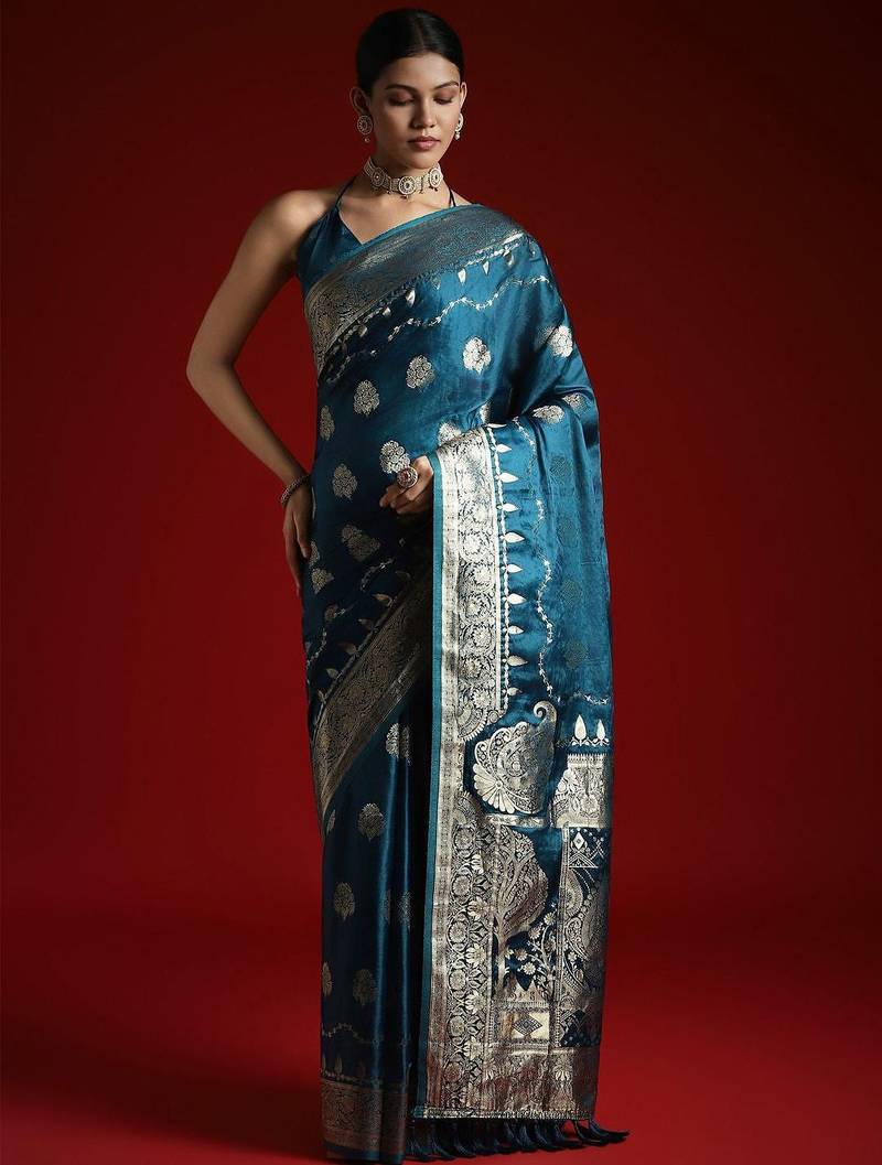 Blue ethnic motifs woven design satin banarasi saree