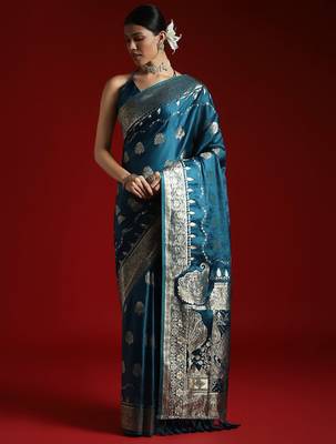 Blue ethnic motifs woven design satin banarasi saree 2