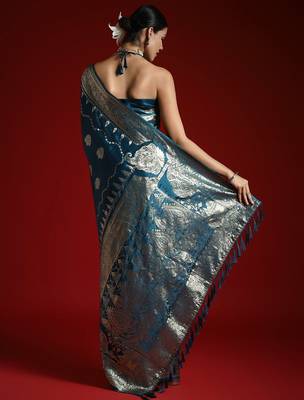Blue ethnic motifs woven design satin banarasi saree 3