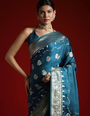 Blue ethnic motifs woven design satin banarasi saree 4