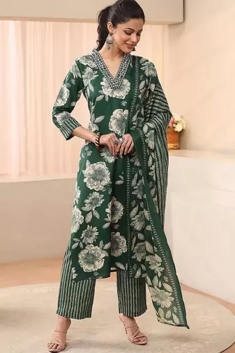 women floral printed regular kurta with trousers & with dupatta