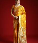 Yellow woven design zari satin banarasi saree