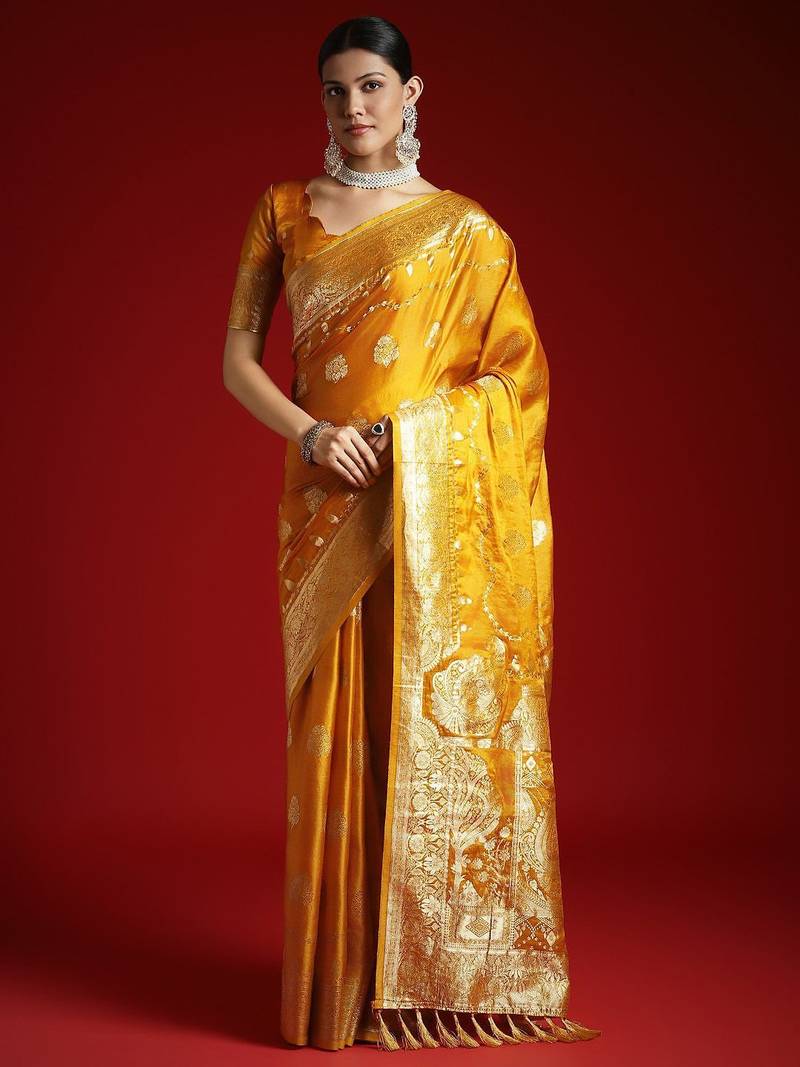 Yellow woven design zari satin banarasi saree