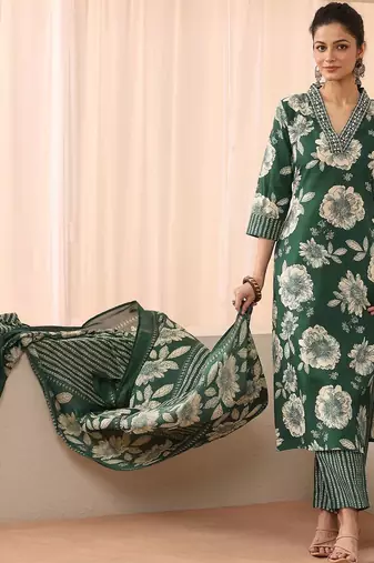 women floral printed regular kurta with trousers & with dupatta