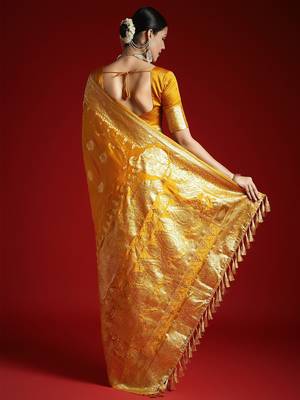 Yellow woven design zari satin banarasi saree 2