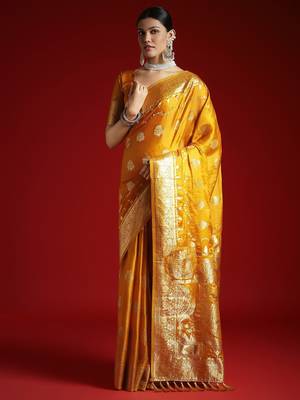 Yellow woven design zari satin banarasi saree 3
