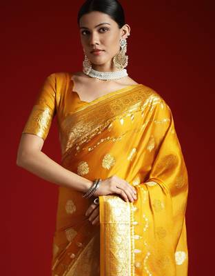 Yellow woven design zari satin banarasi saree 4