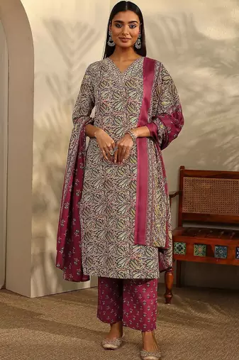 women ethnic motifs printed regular kurta with trousers & with dupatta