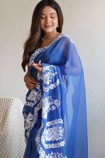 Blue embroidered organza saree