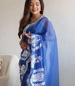 Blue embroidered organza saree